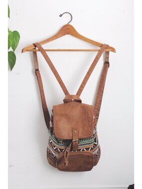 Boho Vintage-Style Brown Leather & Woven Backpack Adjustable Straps Tribal Print